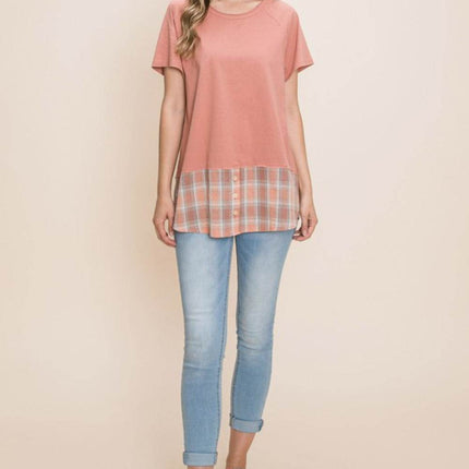 Cotton Bleu by Nu Lab Plaid Contrast Short Sleeve T-Shirt - MimiStylez
