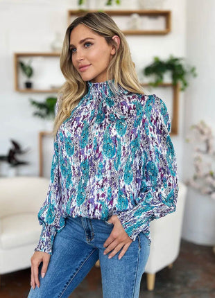 Double Take Full Size Printed Smocked Long Sleeve Blouse - MimiStylez