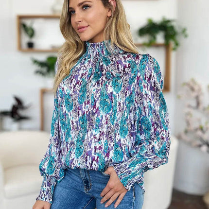 Double Take Full Size Printed Smocked Long Sleeve Blouse - MimiStylez
