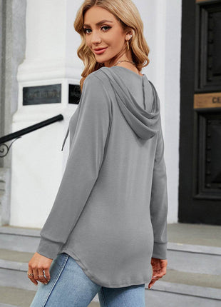 Decorative Button Drawstring Long Sleeve Hoodie - MimiStylez