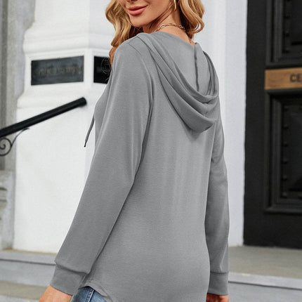 Decorative Button Drawstring Long Sleeve Hoodie - MimiStylez