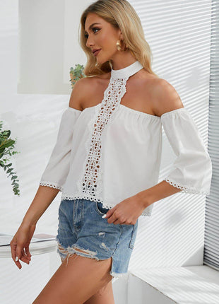 Crochet Halter Neck Cold-Shoulder Blouse - MimiStylez