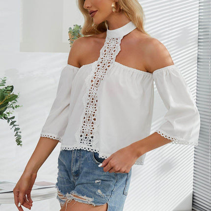 Crochet Halter Neck Cold-Shoulder Blouse - MimiStylez