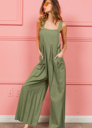 BiBi Ruched Wide Leg Overalls with Pockets - MimiStylez