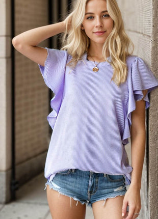 Heimish Full Size Ruffled Sleeve Ribbed Top - MimiStylez