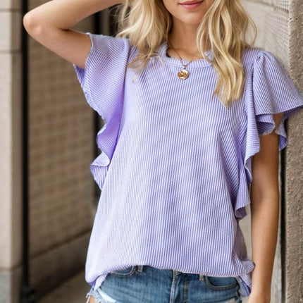 Heimish Full Size Ruffled Sleeve Ribbed Top - MimiStylez