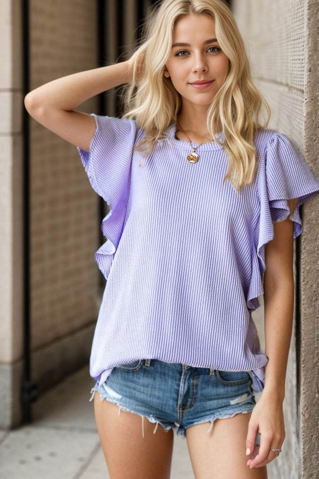 Heimish Full Size Ruffled Sleeve Ribbed Top - MimiStylez