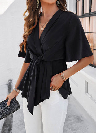Surplice Tie Waist Half Sleeve Blouse - MimiStylez