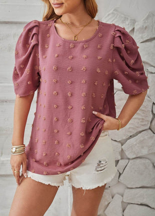 Swiss Dot Round Neck Short Sleeve Blouse - MimiStylez