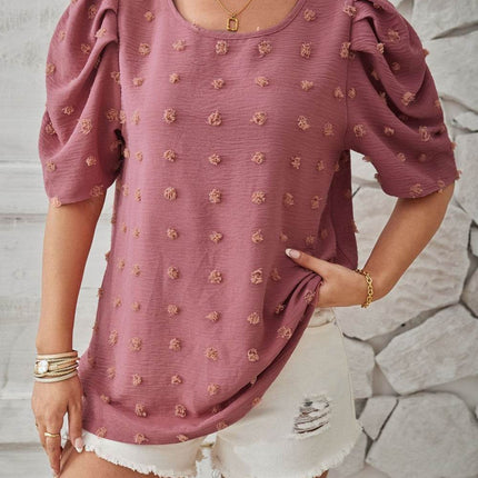 Swiss Dot Round Neck Short Sleeve Blouse - MimiStylez