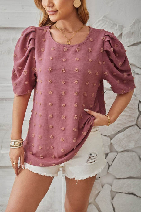 Swiss Dot Round Neck Short Sleeve Blouse - MimiStylez