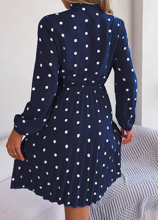Polka Dot Tie Neck Pleated Dress - MimiStylez