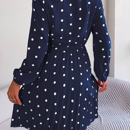 Polka Dot Tie Neck Pleated Dress - MimiStylez