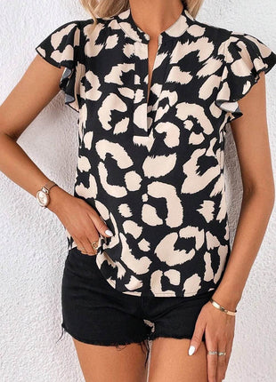 Leopard Notched Cap Sleeve Blouse - MimiStylez