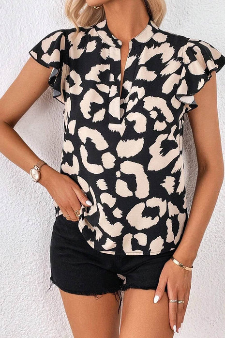 Leopard Notched Cap Sleeve Blouse - MimiStylez