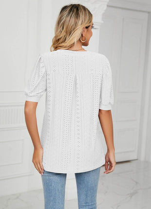 Eyelet Short Puff Sleeve Notched Neck Top - MimiStylez