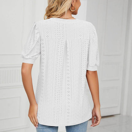 Eyelet Short Puff Sleeve Notched Neck Top - MimiStylez
