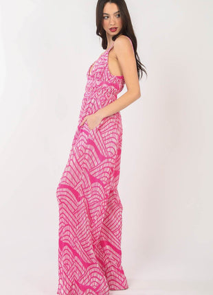 VERY J Printed Pleated Sleeveless Wide Leg Jumpsuit - MimiStylez