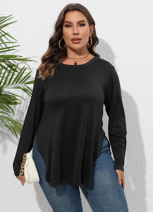 Plus Size Round Neck Long Sleeve Slit T-Shirt - MimiStylez