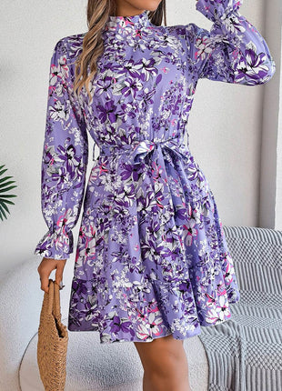 Printed Mock Neck Flounce Sleeve Mini Dress - MimiStylez