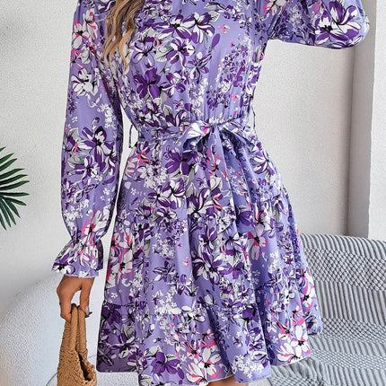 Printed Mock Neck Flounce Sleeve Mini Dress - MimiStylez