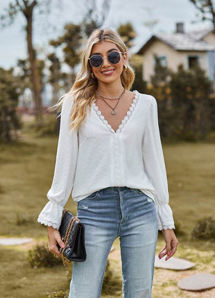 V-Neck Flounce Sleeve Blouse - MimiStylez