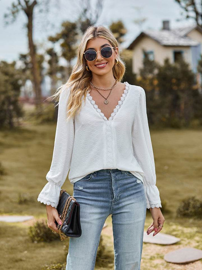 V-Neck Flounce Sleeve Blouse - MimiStylez