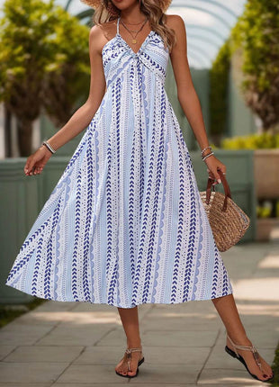 Perfee Tied Printed Halter Neck Midi Dress - MimiStylez