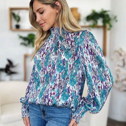 Double Take Full Size Printed Smocked Long Sleeve Blouse - MimiStylez