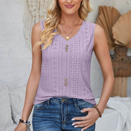 Eyelet Decorative Button V-Neck Tank - MimiStylez