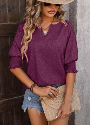 Heathered Notched Lantern Sleeve Blouse - MimiStylez
