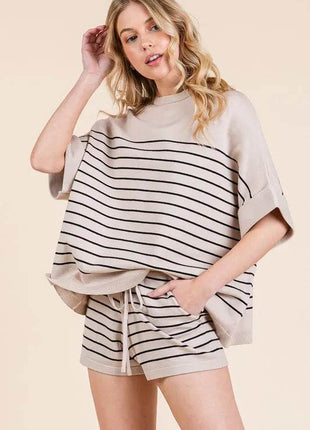 Lime 'N' Chili Striped Folded Half Sleeve Top and Shorts Set - MimiStylez