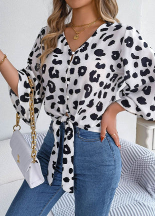 Tied Button Up Leopard V-Neck Blouse - MimiStylez
