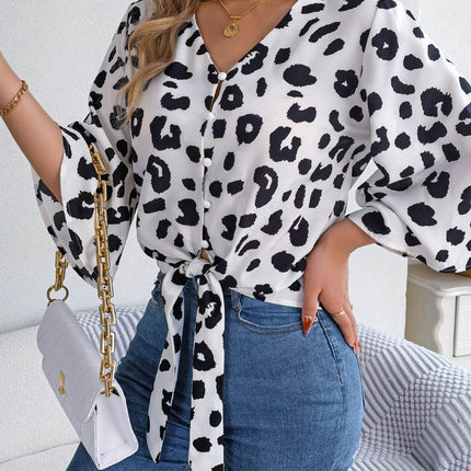 Tied Button Up Leopard V-Neck Blouse - MimiStylez