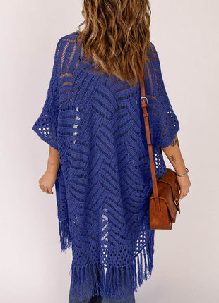 Openwork Open Front Cardigan with Fringes - MimiStylez
