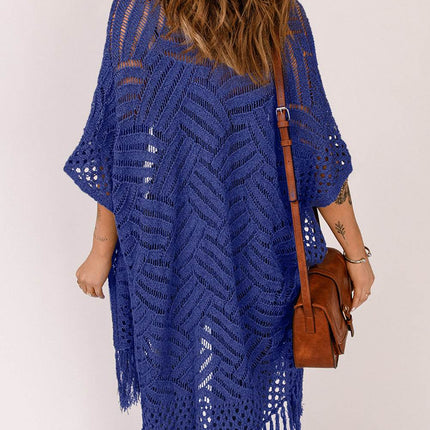 Openwork Open Front Cardigan with Fringes - MimiStylez