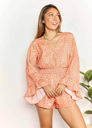 Double Take Printed Flare Sleeve Surplice Romper - MimiStylez