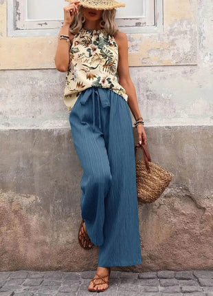Printed Tank Top and Wide Leg Pants Set - MimiStylez
