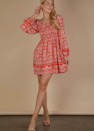 VERY J Printed Smocked Chest Boho Mini Dress - MimiStylez
