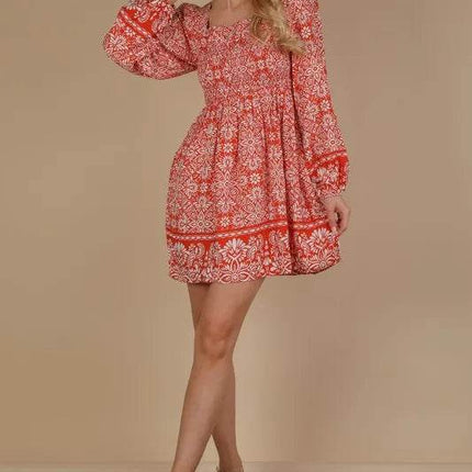 VERY J Printed Smocked Chest Boho Mini Dress - MimiStylez