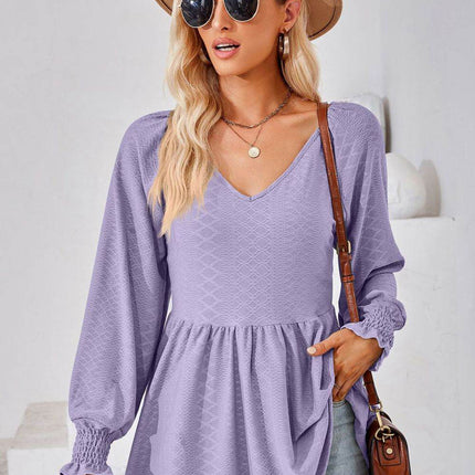 V-Neck Lantern Sleeve Blouse - MimiStylez