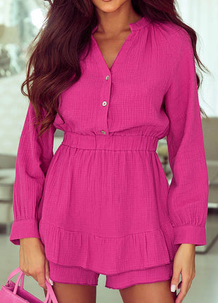 Buttoned Notched Neck Long Sleeve Romper - MimiStylez