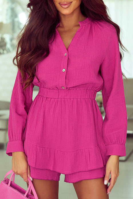Buttoned Notched Neck Long Sleeve Romper - MimiStylez