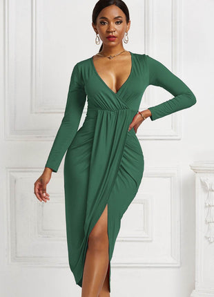 High-low Ruched Surplice Long Sleeve Dress - MimiStylez