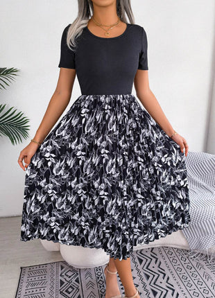 Printed Round Neck Pleated Dress - MimiStylez