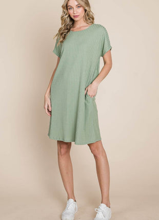 BOMBOM Ribbed Round Neck Short Sleeve Dress - MimiStylez