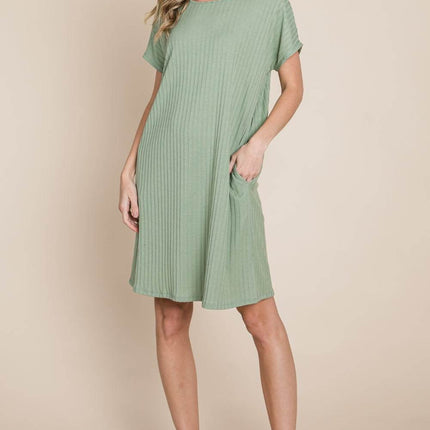 BOMBOM Ribbed Round Neck Short Sleeve Dress - MimiStylez