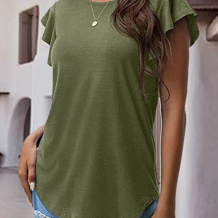 Ruffled Round Neck Cap Sleeve Blouse - MimiStylez