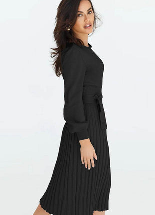 Round Neck Long Sleeve Pleated Sweater Dress - MimiStylez