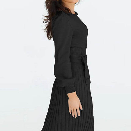 Round Neck Long Sleeve Pleated Sweater Dress - MimiStylez
